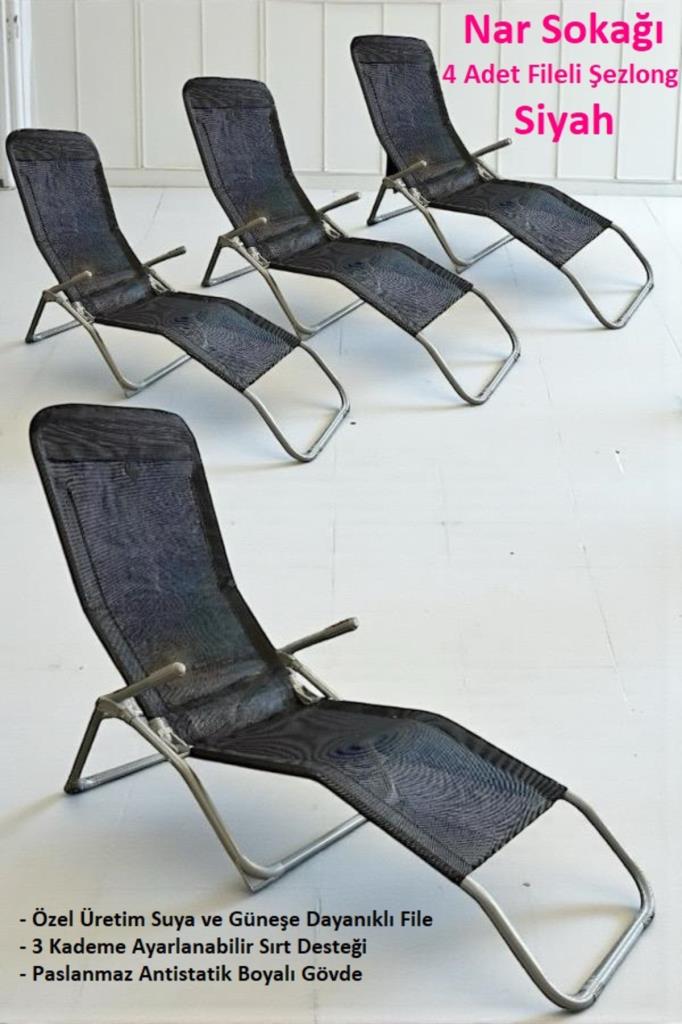 4 Adet Katlanabilir Fileli Şezlong Plaj, Bahçe ve Balkon Sandalyesi Siyah