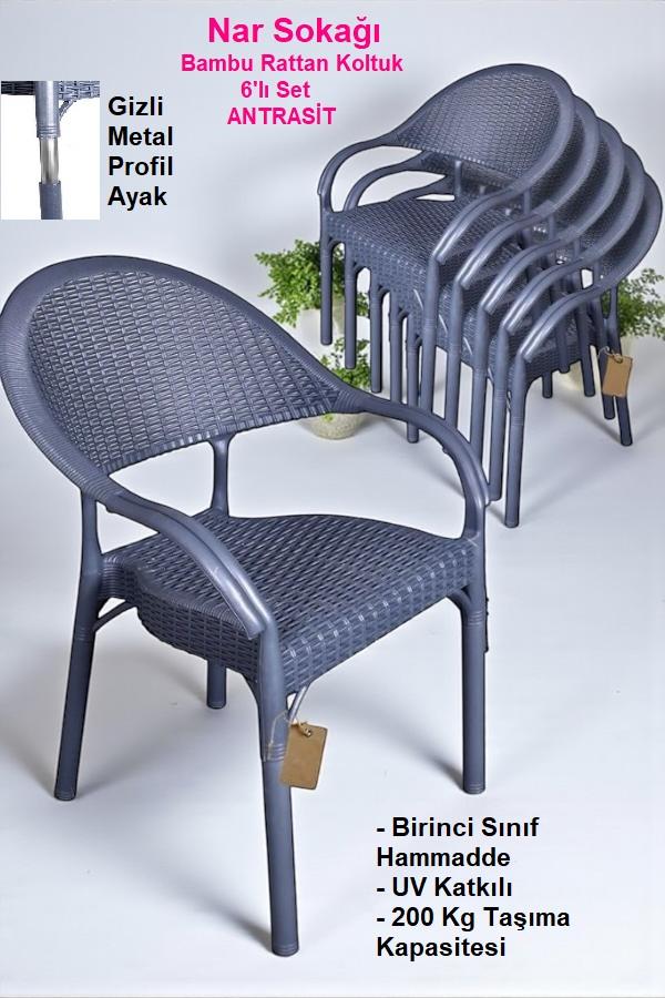 6 Adet Bambu Rattan Kollu Sandalye Koltuk Antrasit