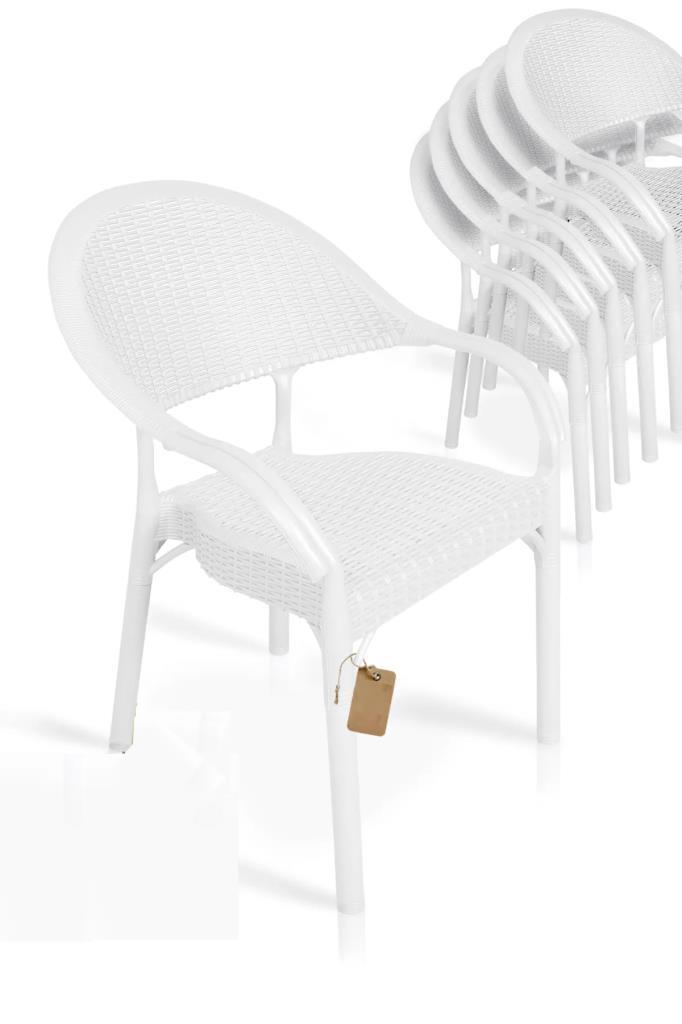 6 Adet Bambu Rattan Kollu Sandalye Koltuk Beyaz