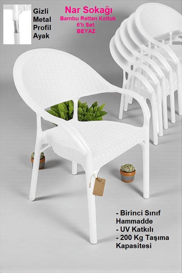 6 Adet Bambu Rattan Kollu Sandalye Koltuk Beyaz