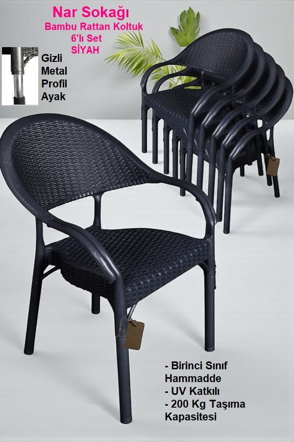 6 Adet Bambu Rattan Kollu Sandalye Koltuk Siyah