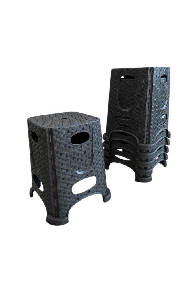 6 Rattan Büyük Boy Tabure Mutfak, Balkon ve Bahçe Taburesi Siyah