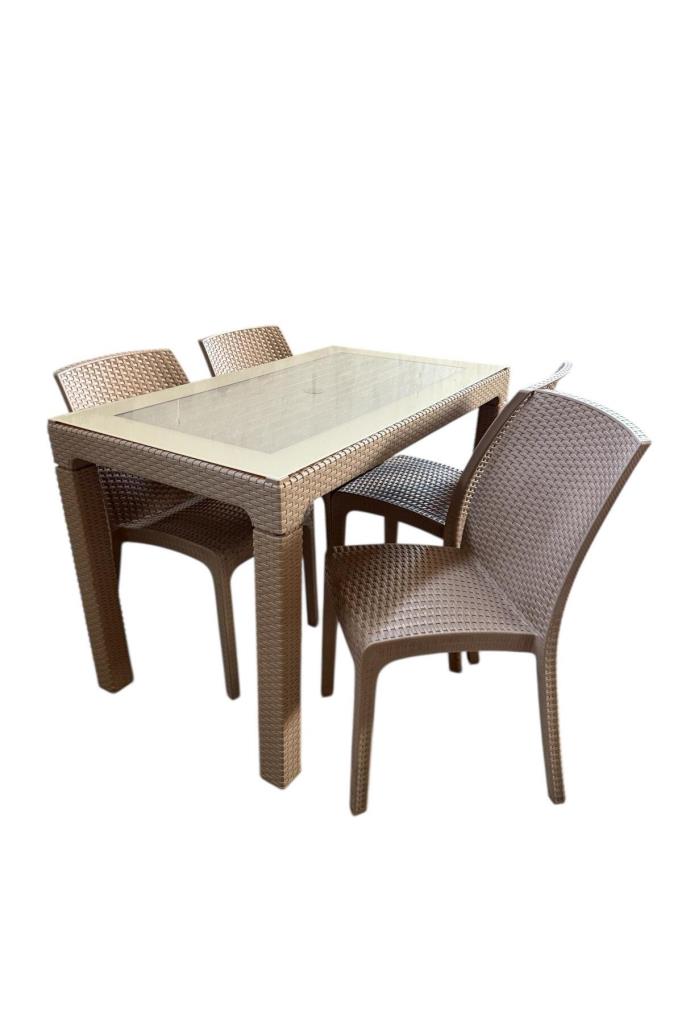 70x120 cm Camlı Rattan Masa 4 Adet Kolsuz Rattan Sandalye Masa Takımı Kapiçino