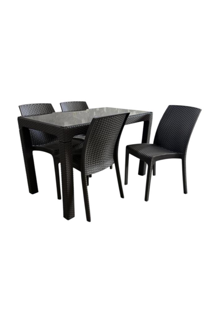 70x120 cm Camlı Rattan Masa 4 Adet Kolsuz Rattan Sandalye Masa Takımı Kahve
