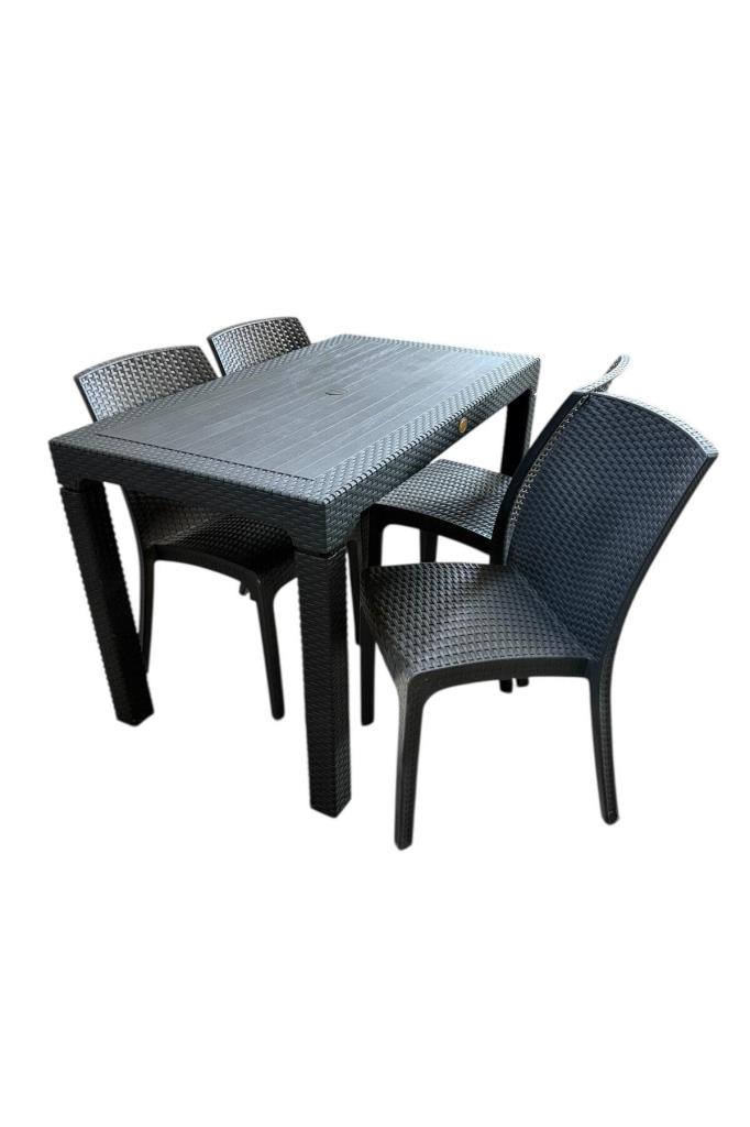 70x120 cm Camsız Rattan Masa 4 Adet Kolsuz Rattan Sandalye Masa Takımı Antrasit