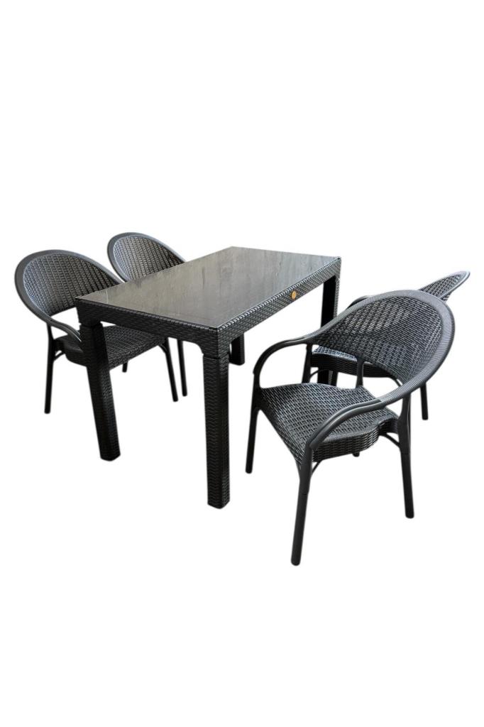 Bambu 70x120 Cm Camlı Rattan Bahçe Balkon Masa Takımı Antrasit