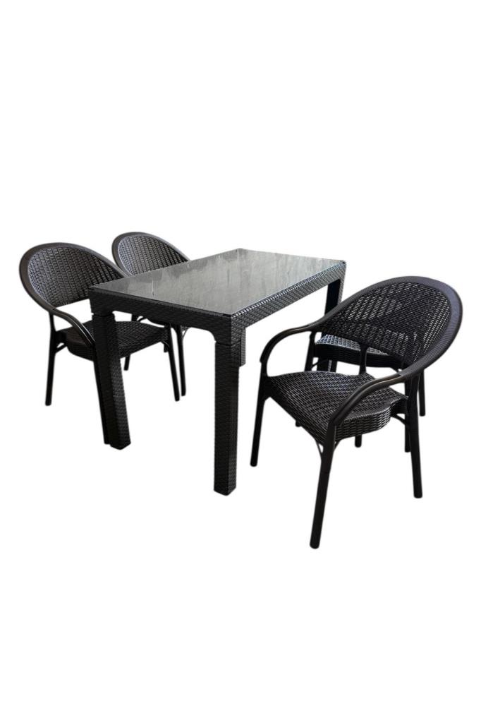 Bambu 70x120 Cm Camlı Rattan Bahçe Balkon Masa Takımı Kahve