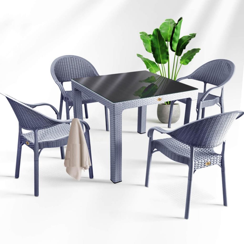 Bambu Antrasit 90x90 Cm Camlı Rattan Bahçe Balkon Masa Takımı
