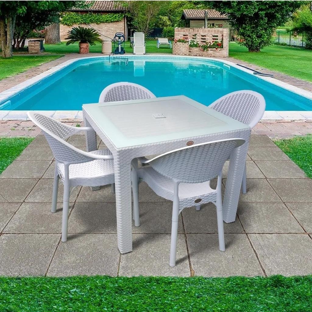 Bambu Beyaz 90x90 Cm Camlı Rattan Bahçe Balkon Masa Takımı