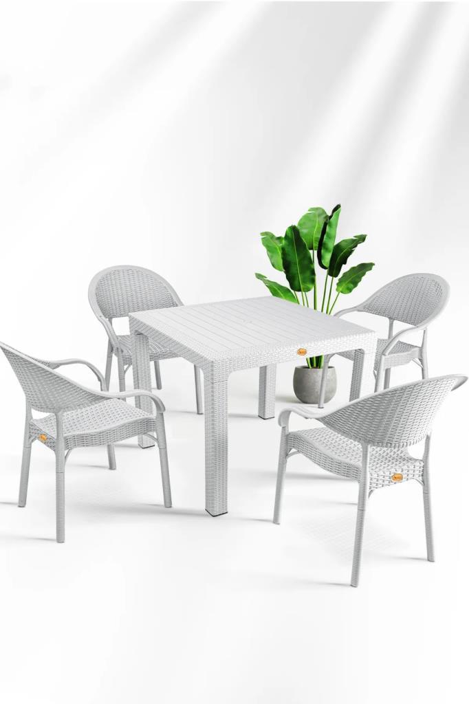 Bambu Beyaz 90x90 Cm Camsız Rattan Bahçe Balkon Masa Takımı