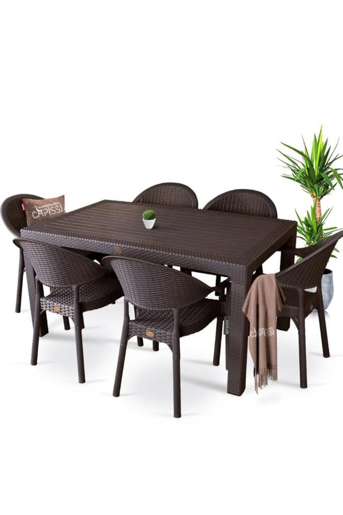 Bambu Kahve 90x150 Cm Camsız Rattan Bahçe Balkon Masa Takımı
