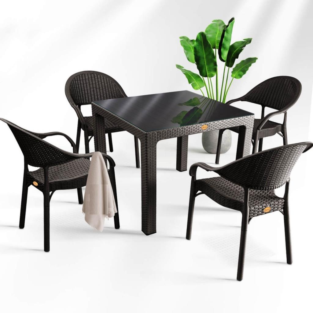 Bambu Kahve 90x90 Cm Camlı Rattan Bahçe Balkon Masa Takımı