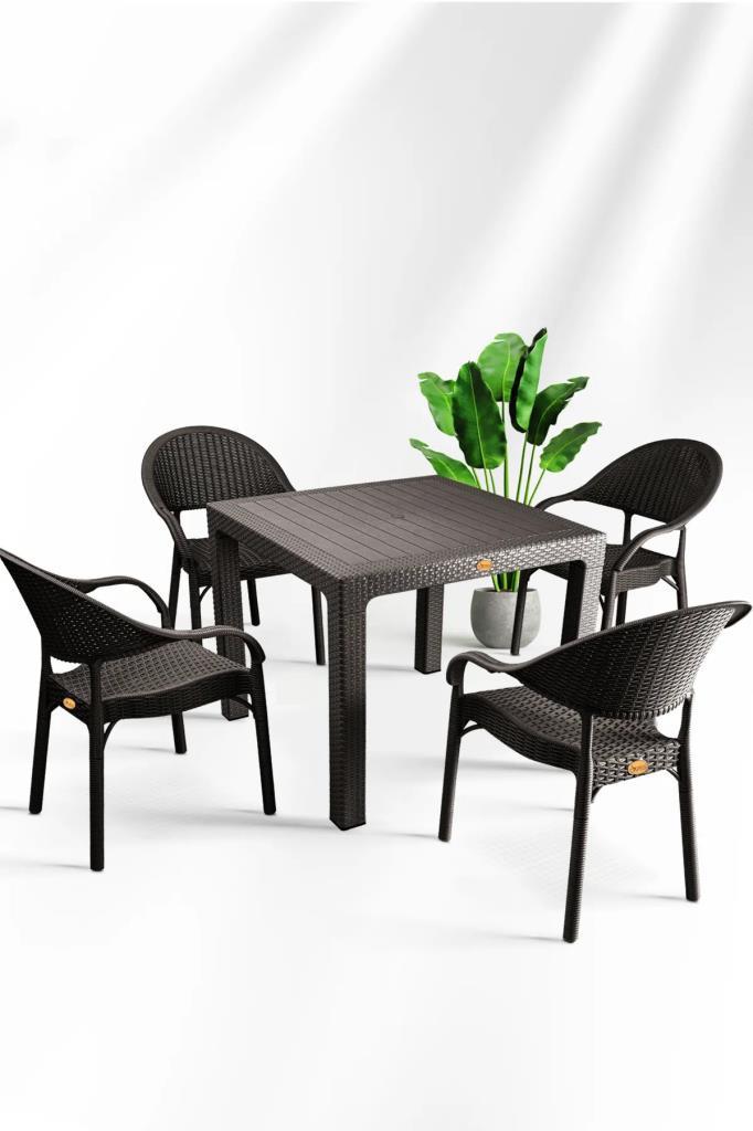 Bambu Kahve 90x90 Cm Camsız Rattan Bahçe Balkon Masa Takımı