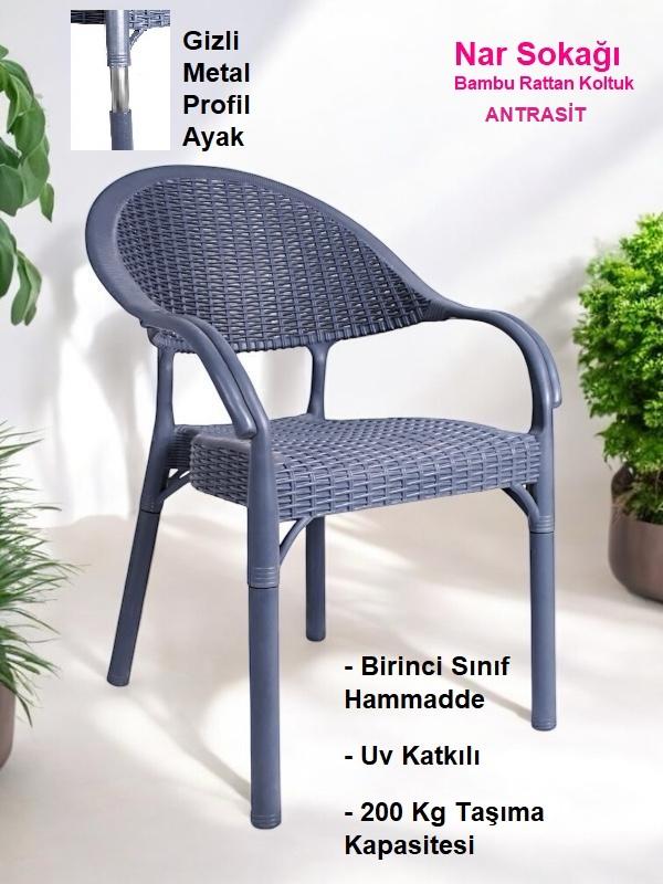 Bambu Rattan Kollu Sandalye Koltuk Antrasit