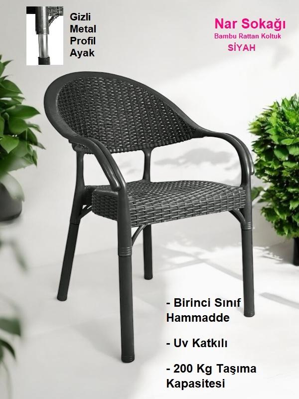 Bambu Rattan Kollu Sandalye Koltuk Siyah