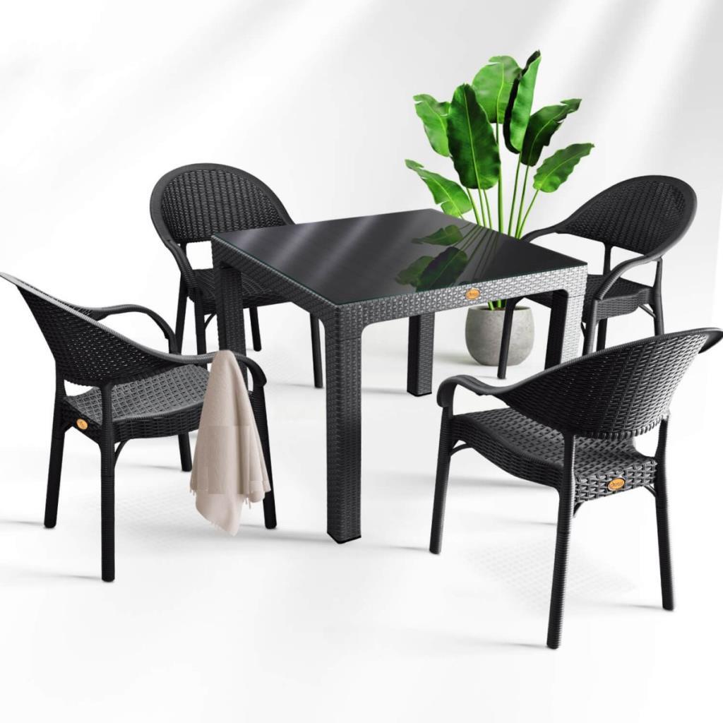 Bambu Siyah 90x90 Cm Camlı Rattan Bahçe Balkon Masa Takımı