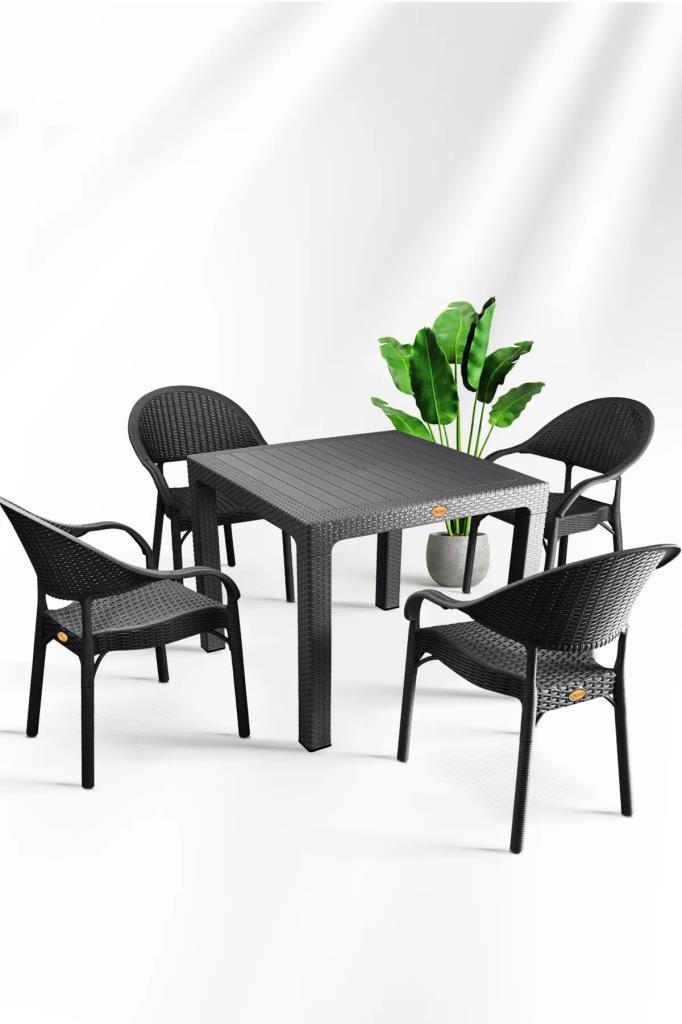 Bambu Siyah 90x90 Cm Camsız Rattan Bahçe Balkon Masa Takımı