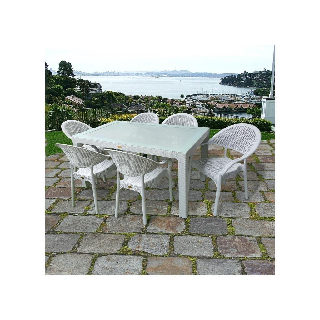 Bambu Beyaz 90x150 Cm Camlı Rattan Bahçe Balkon Masa Takımı