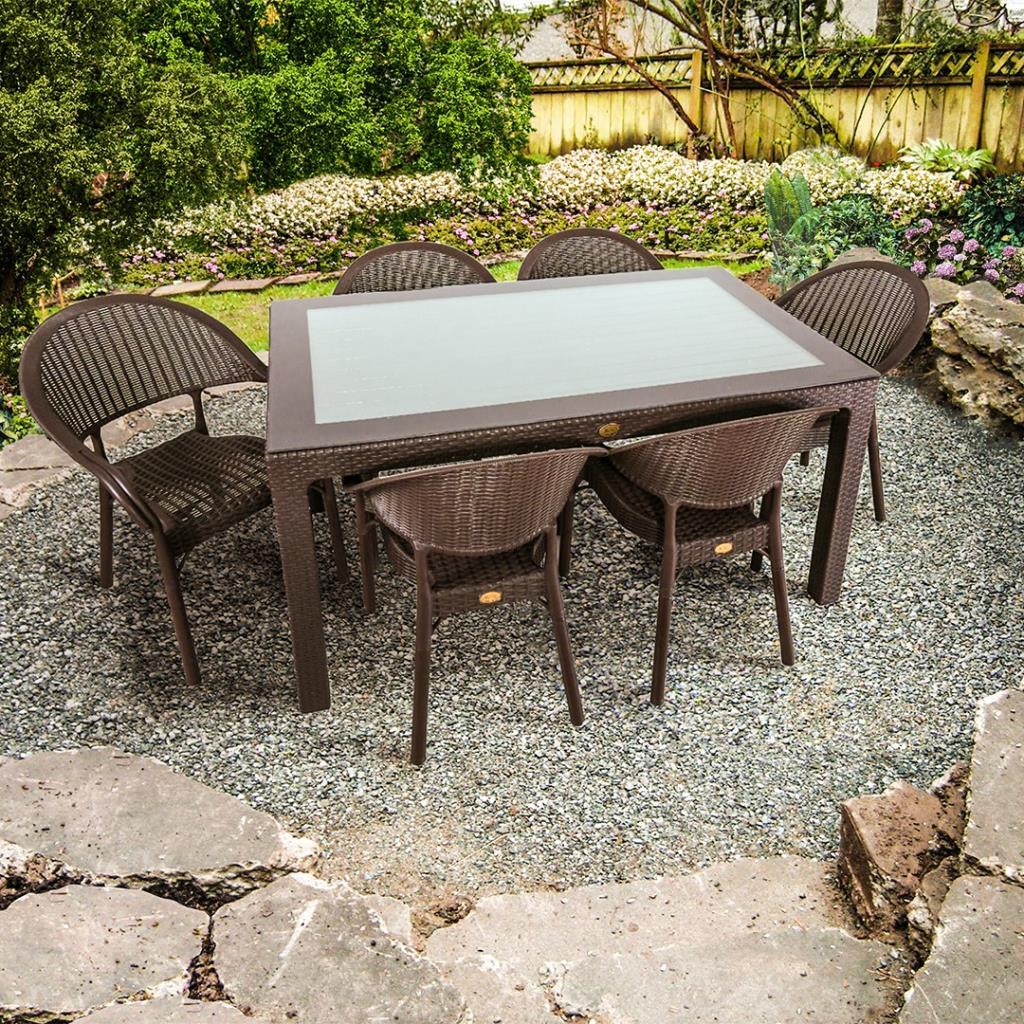 Bambu Kahve 90x150 Cm Camlı Rattan Bahçe Balkon Masa Takımı