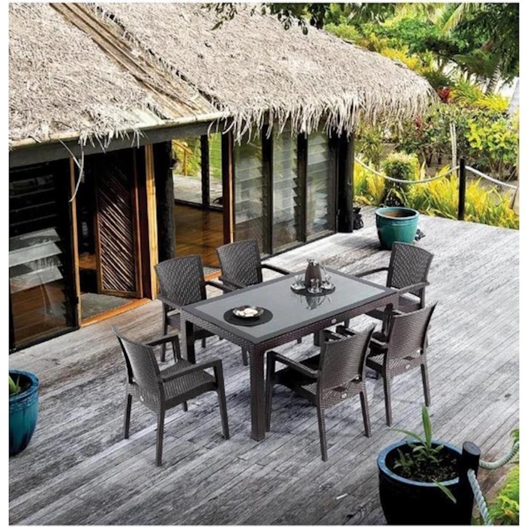Zeugma Kahve 90x150 Cm Camlı Rattan Bahçe Balkon Masa Takımı