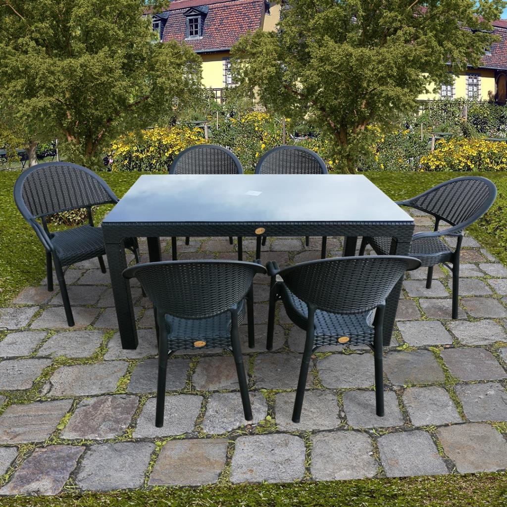 Bambu Siyah 90x150 Cm Camlı Rattan Bahçe Balkon Masa Takımı