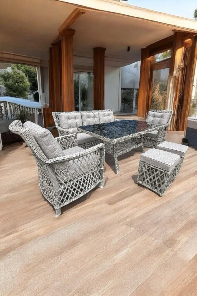 Delta Alüminyum İskelet Birinci Sınıf Plastik Örme Rattan 3’lü Oturma Grubu Bahçe Ve Balkon Takımı Antrasit