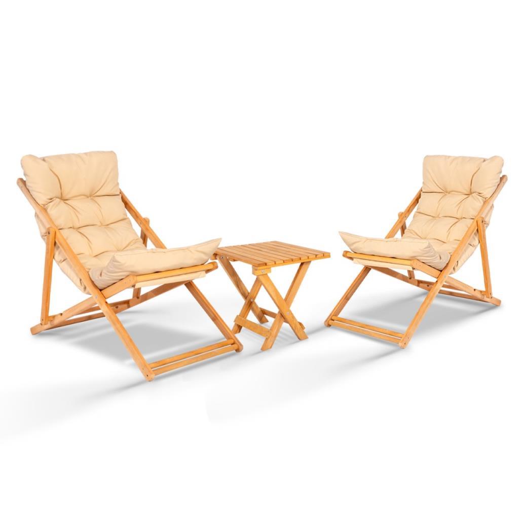 Flex 2'li Ahşap Minderli Bahçe, Balkon, Teras ve Plaj Katlanır Şezlong Set Bistro