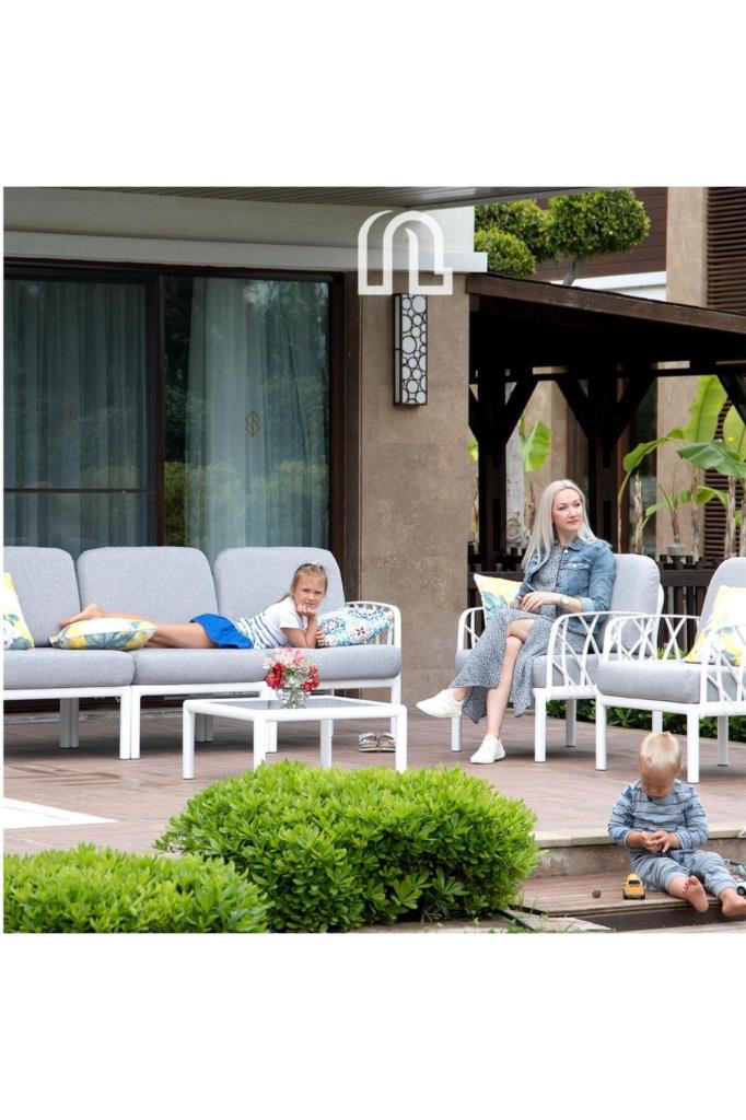 Garda Modüler Sofa Bahçe Oturma Grubu 3'lü Set Beyaz