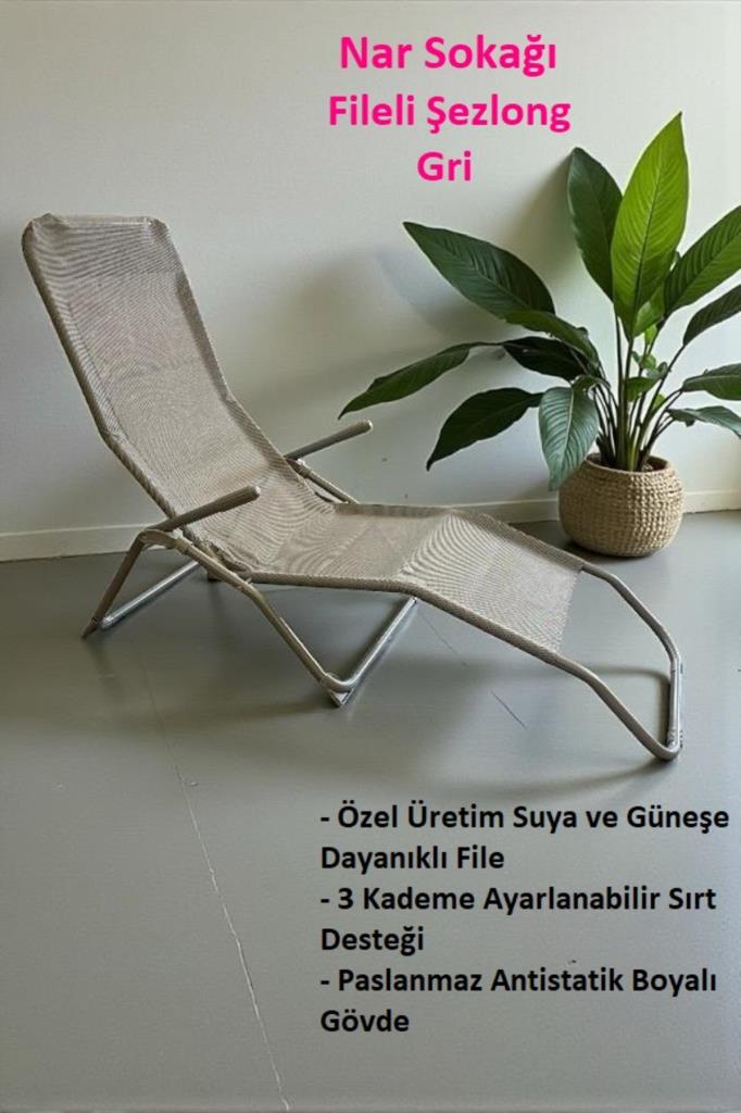 Katlanabilir Fileli Şezlong Plaj, Bahçe ve Balkon Sandalyesi Gri