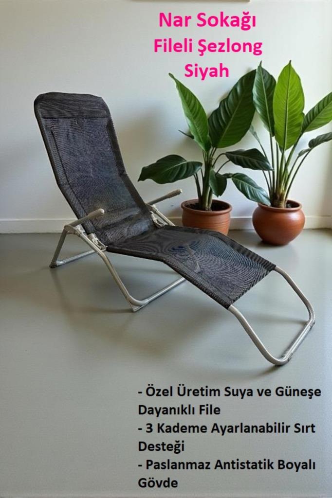 Katlanabilir Fileli Şezlong Plaj, Bahçe ve Balkon Sandalyesi Siyah