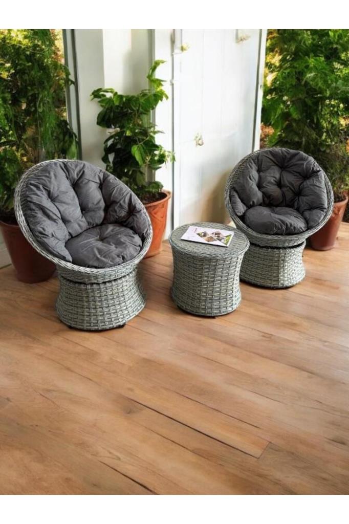 Lion Örme Rattan 2’li Döner Çay Seti Bahçe ve Balkon Takımı Antrasit