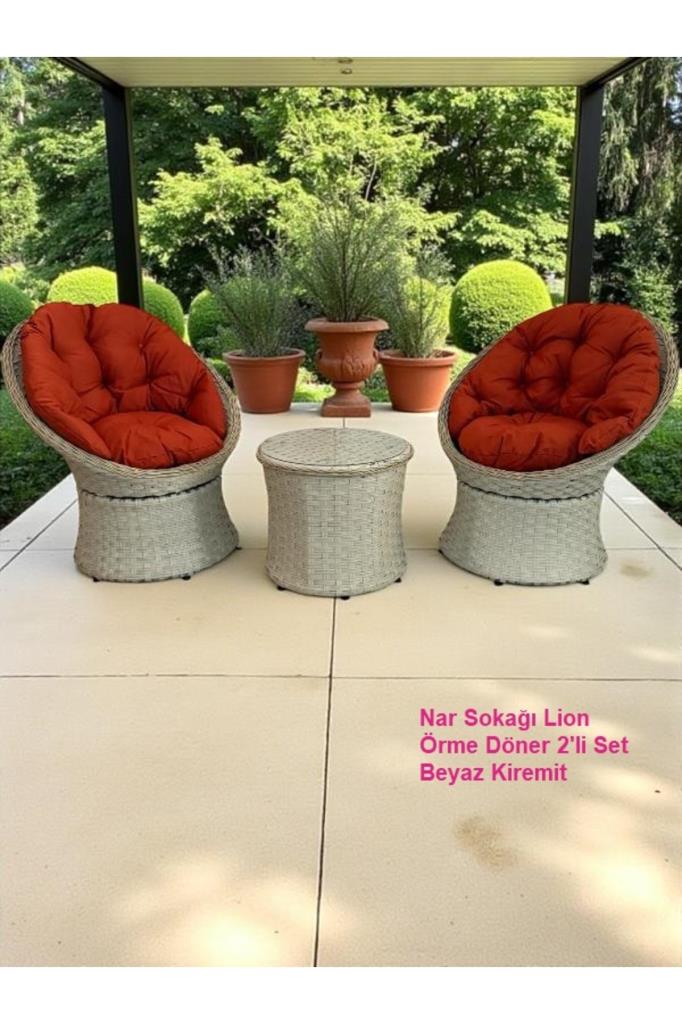Lion Örme Rattan 2’li Döner Çay Seti Bahçe Ve Balkon Takımı Beyaz Kiremit