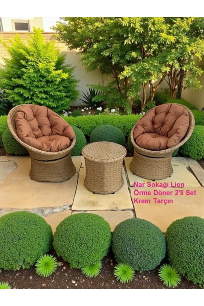 Lion Örme Rattan 2’li Döner Çay Seti Bahçe Ve Balkon Takımı Krem Tarçın