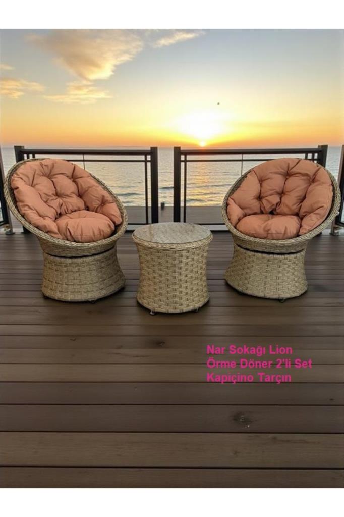 Lion Örme Rattan 2’li Döner Çay Seti Bahçe Ve Balkon Takımı Kapiçino Tarçın