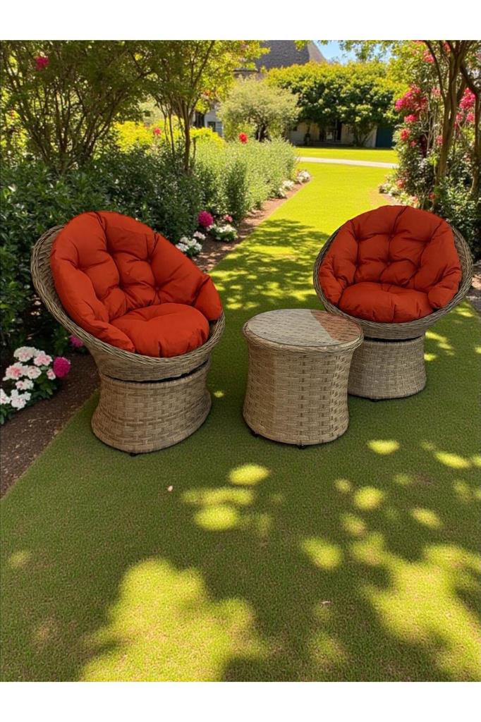 Lion Örme Rattan 2’li Döner Çay Seti Bahçe Ve Balkon Takımı Kapiçino Kiremit