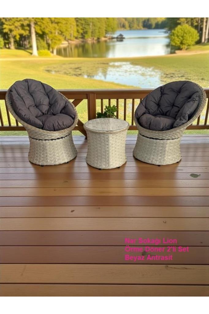 Lion Örme Rattan 2’li Döner Çay Seti Bahçe Ve Balkon Takımı Beyaz Antrasit