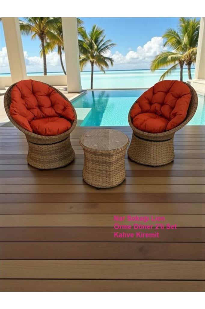 Lion Örme Rattan 2’li Döner Çay Seti Bahçe Ve Balkon Takımı Kahve Kiremit