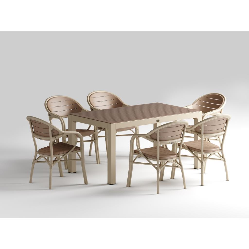 Novussi Bamboo Kapiçino/Çölkahvesi 90-150 Camlı Masa 6 Adet Sandalye Bahçe Seti