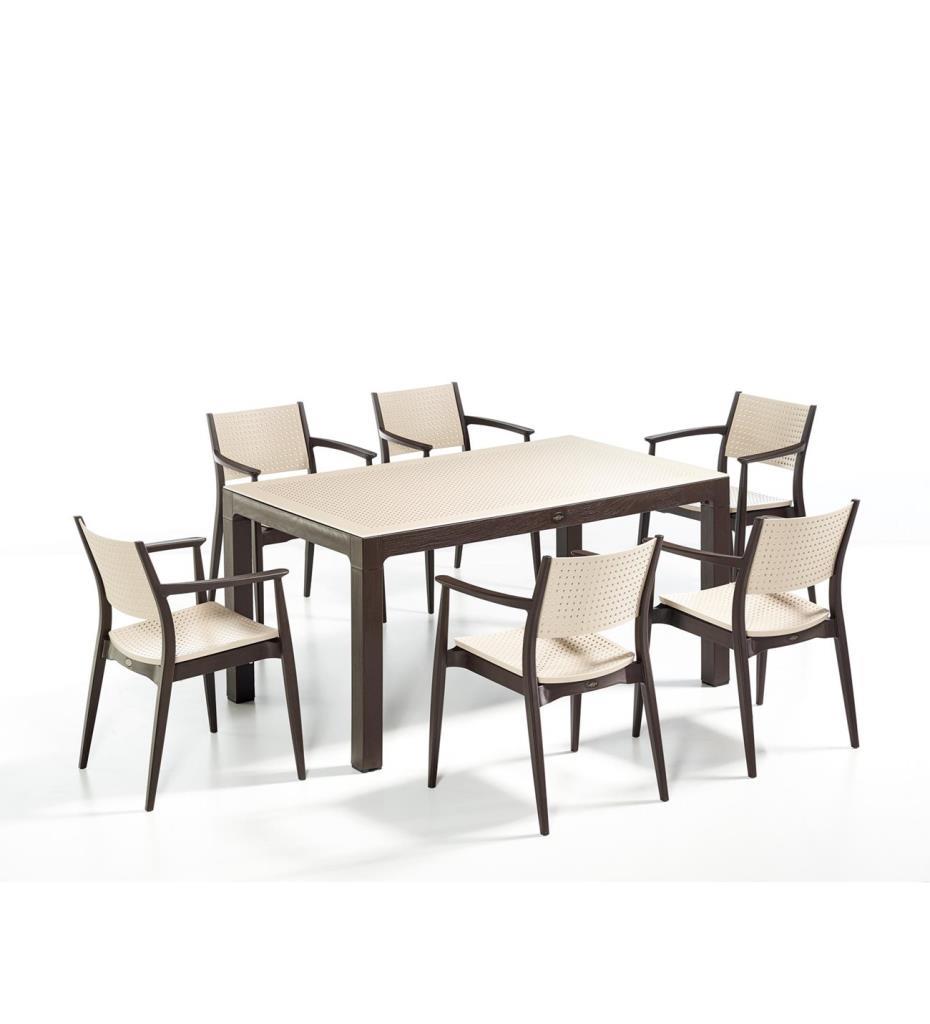 Novussi Seginus Kahve/Kapiçino 90-150 Camlı Masa 6 Adet Sandalye Bahçe Seti