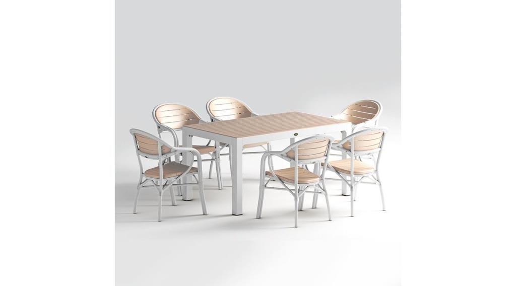 Novussi Bamboo Beyaz/Fildişi 90-150 Camlı Masa 6 Adet Sandalye Bahçe Seti