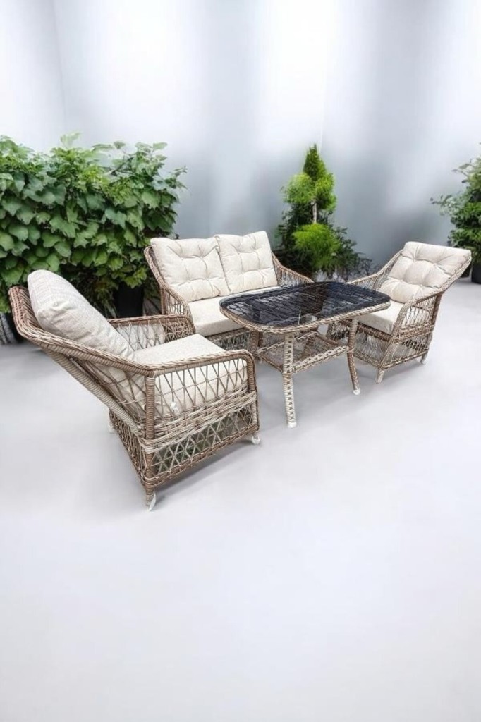 Oki Alüminyum İskelet Birinci Sınıf Plastik Örme Rattan 2’li Oturma Grubu Bahçe Ve Balkon Takımı Kapiçino