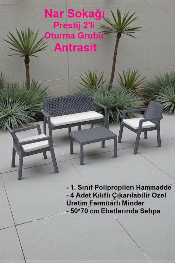 Prestij Oturma Grubu 4 Kişilik 2+1+1 Bahçe Balkon Masa Takımı Antrasit