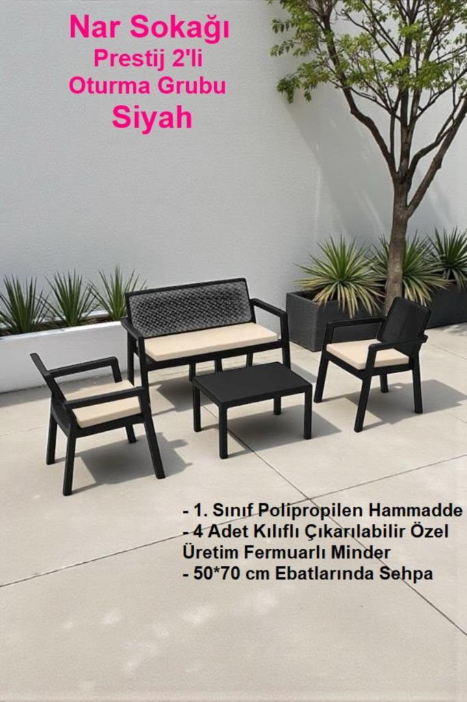 Prestij Oturma Grubu 4 Kişilik 2+1+1 Bahçe Balkon Masa Takımı Siyah