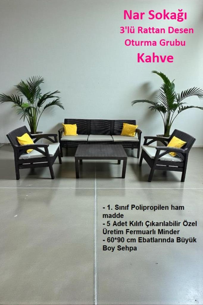 Rattan Desen Oturma Grubu 5 Kişilik Bahçe ve Balkon Seti Kahve Santana