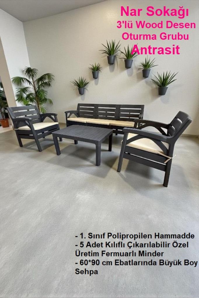 Wood Desen Oturma Grubu 5 Kişilik Bahçe ve Balkon Seti Antrasit Santana