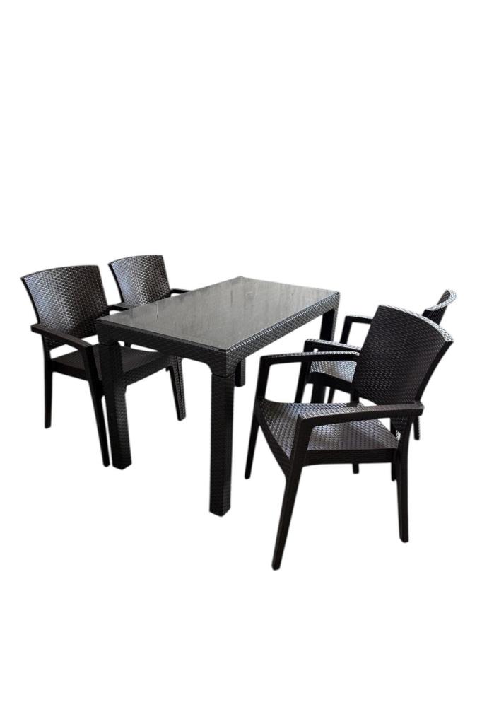 Zeugma 70x120 Cm Camlı Rattan Bahçe Balkon Masa Takımı Kahve