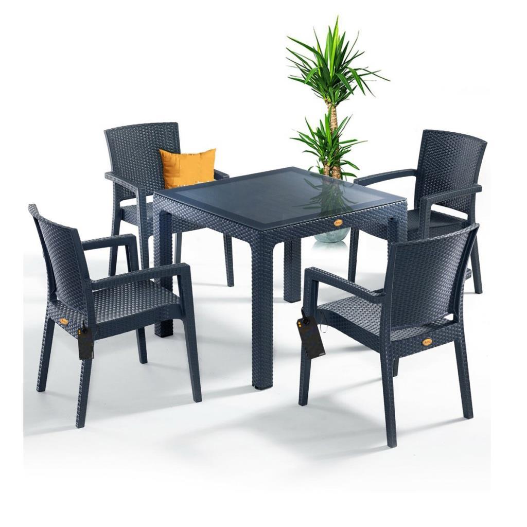 Zeugma Antrasit 90x90 Cm Camlı Rattan Bahçe Balkon Masa Takımı
