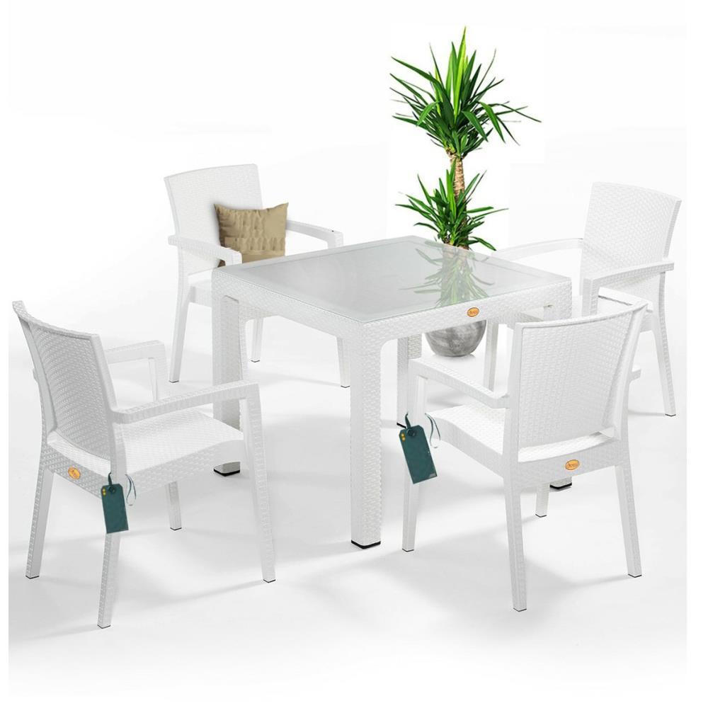 Zeugma Beyaz 90x90 Cm Camlı Rattan Bahçe Balkon Masa Takımı
