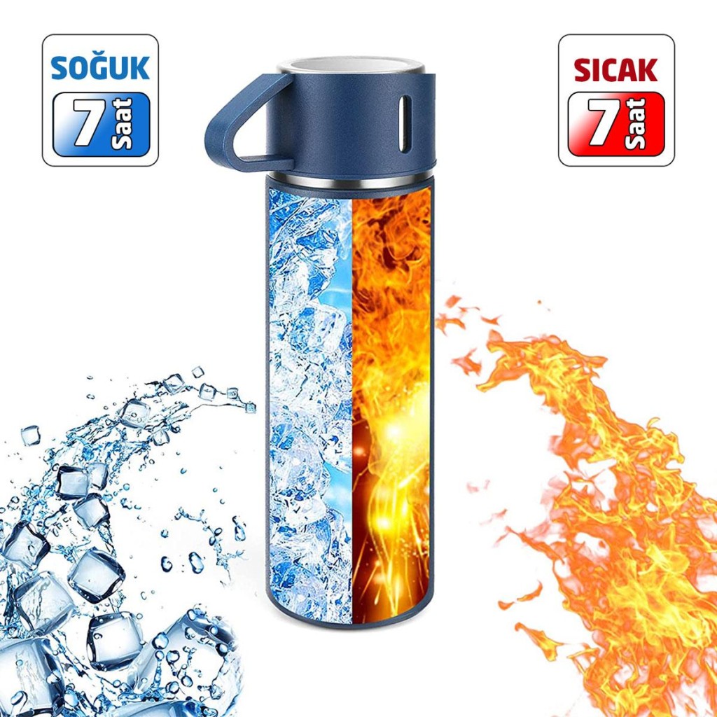 6002 Kupa Bardaklı Paslanmaz Çelik Termos Seti 500 ml - Mavi nereden bulurum