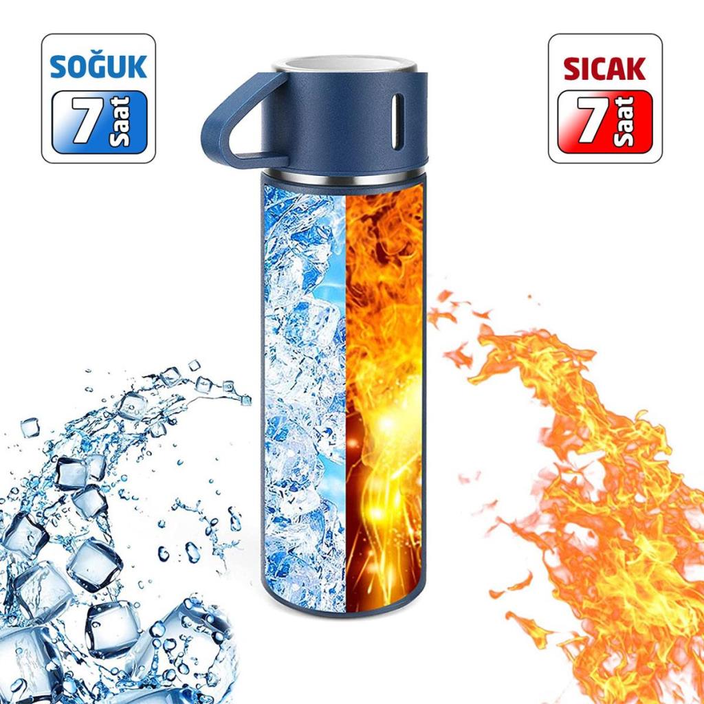 6002 Kupa Bardaklı Paslanmaz Çelik Termos Seti 500 ml - Mavi nereden bulurum